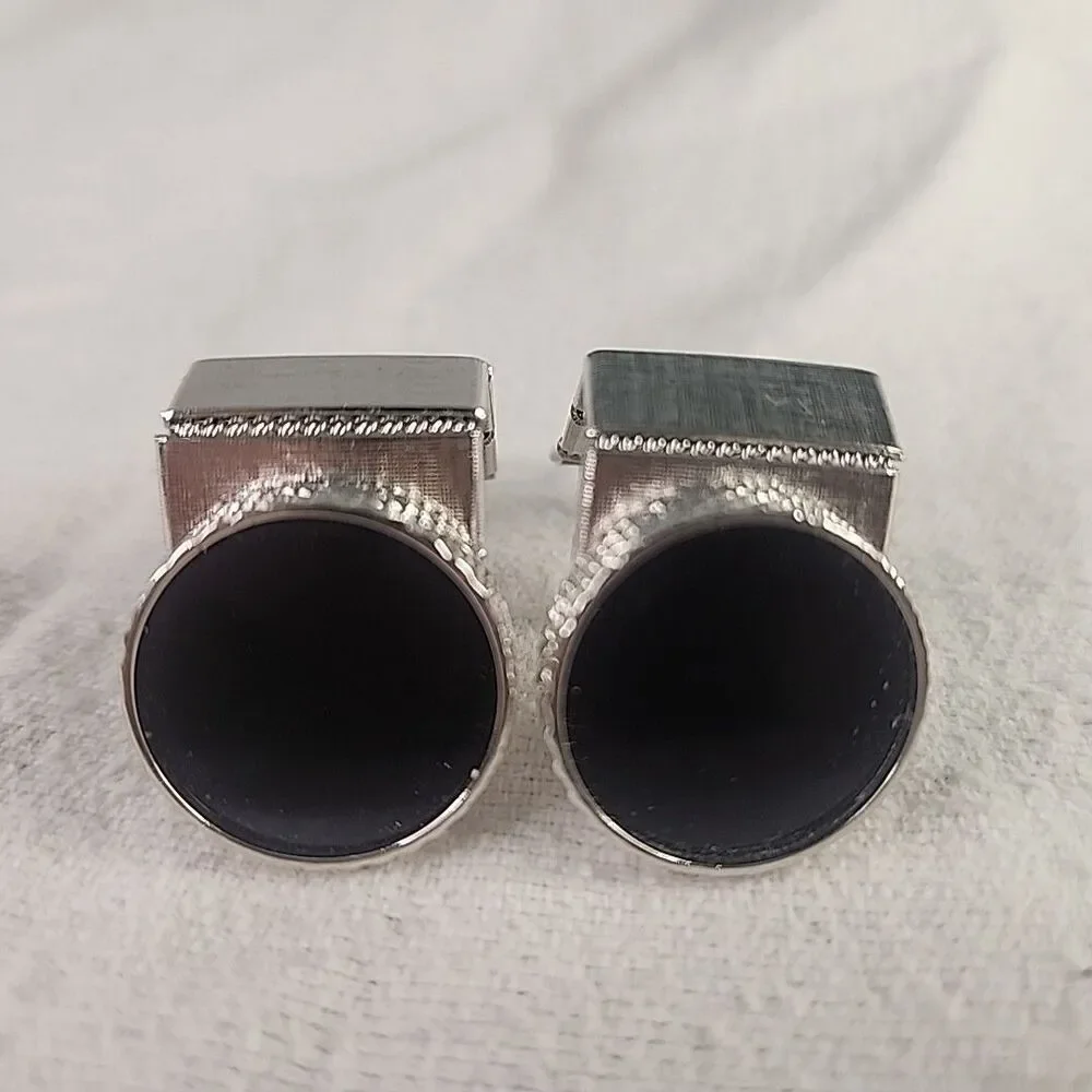 Cufflinks Silver Tone with Black Stone and Wrap Unknown Brand Thick Vintage